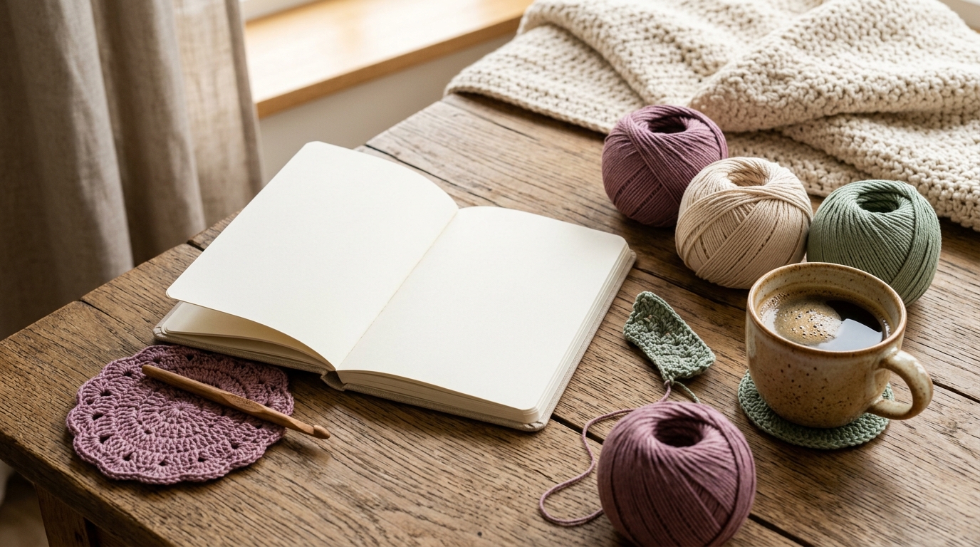 Kit de crochê lucrativo com notebook, café e peças prontas