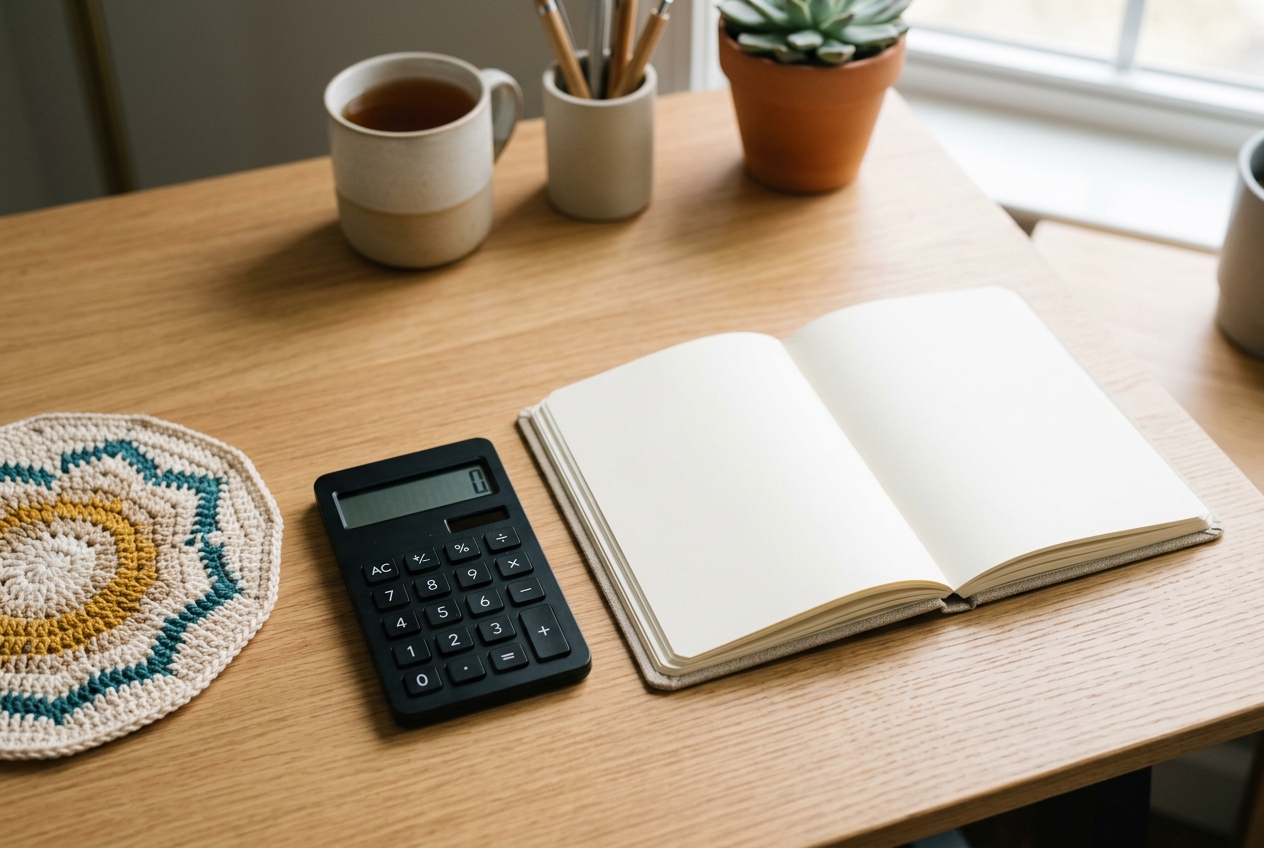 Caderno com cálculos de preço, calculadora e uma peça de crochê